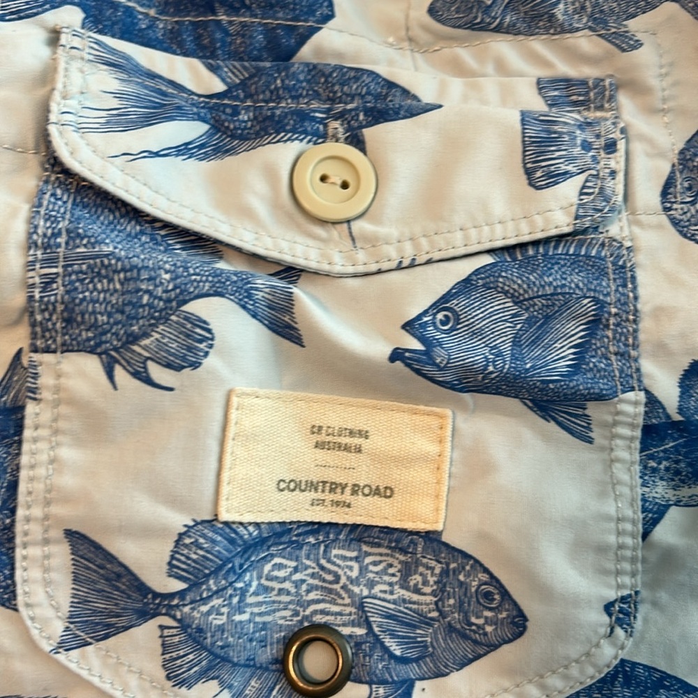 Country Road Blue and White Board Shorts with Nautical Fish Print, Size Large - Picture 5 of 6